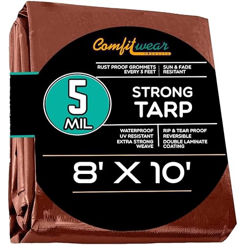 Standard Tarp Cover Reinforced Grommet Multi-Purpose Pool Cover Boat Tarp Camping Tarp UV Resistant Poly Tarpaulin Waterproof Tarpaulin Canopy Tent Waterproof Tarp Cover (8' X 10', BROWN)
