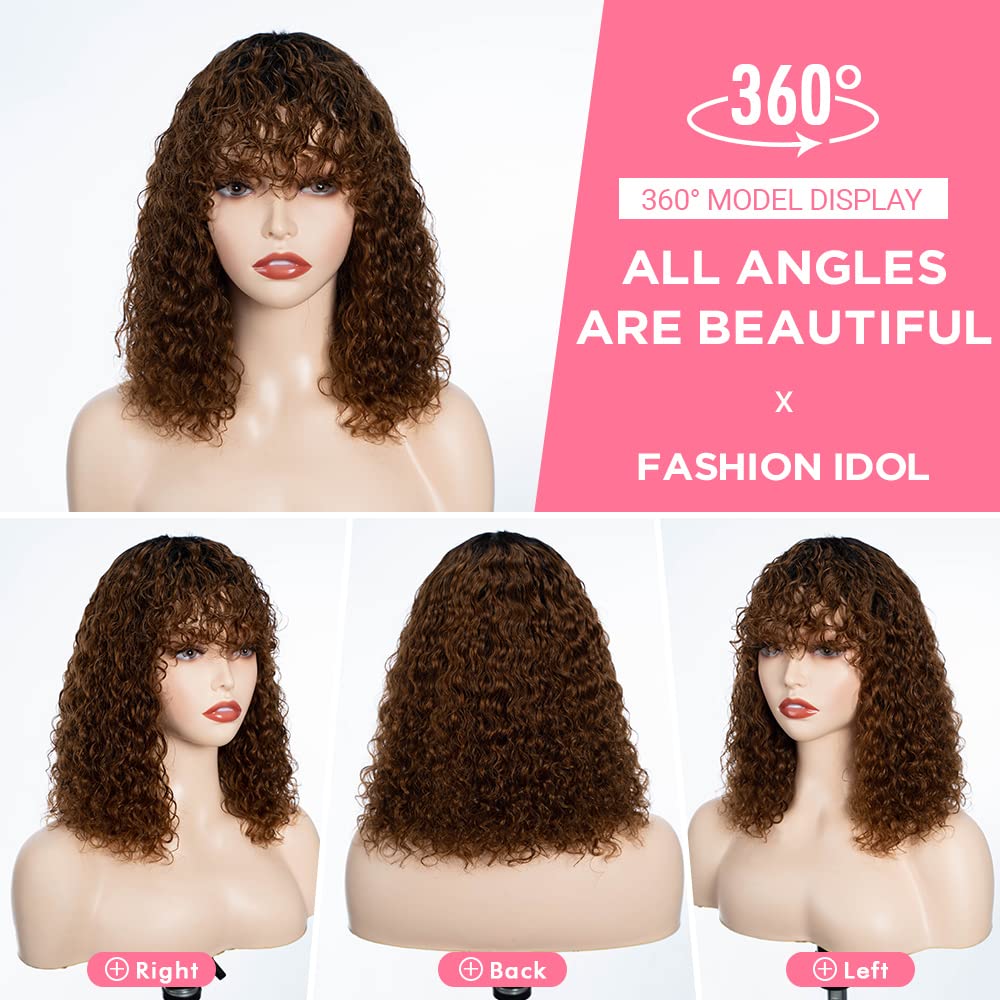 Fashion Idol Short Curly Human-Hair with Bangs 12 Inch Jerry Curl Bob Wigs Brazilian Virgin Human Hair None Lace Front for Black Women Machine Made Black Ombre Brown Wigs - Image 3