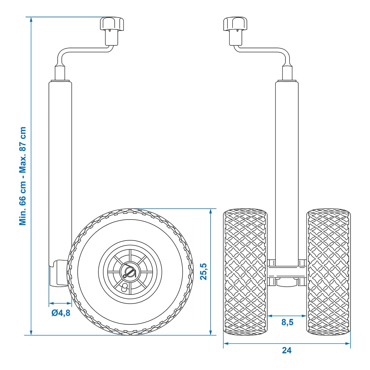ProPlus Zwillingsstützrad 260 x 85 mm – Für Anhänger und Wohnwagen – Luftreifen auf Kunststofffelge – Ø 48 mm Rohr