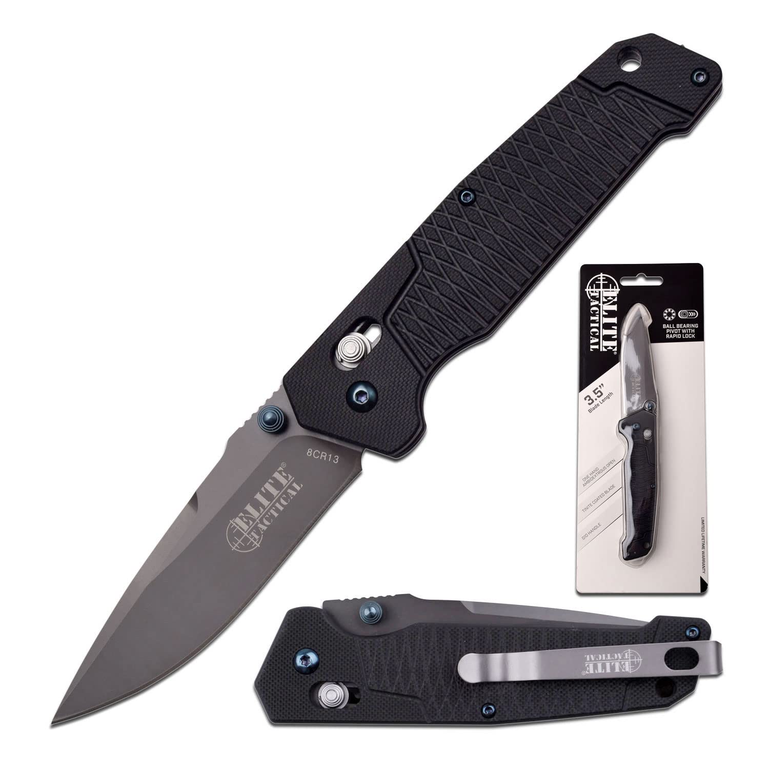 Folding Pocket Knife - Drop Point Blade with Black G10 Handle and Pocket Clip - Rapid Lock Tactical Military Knife - 8.15" Overall Length