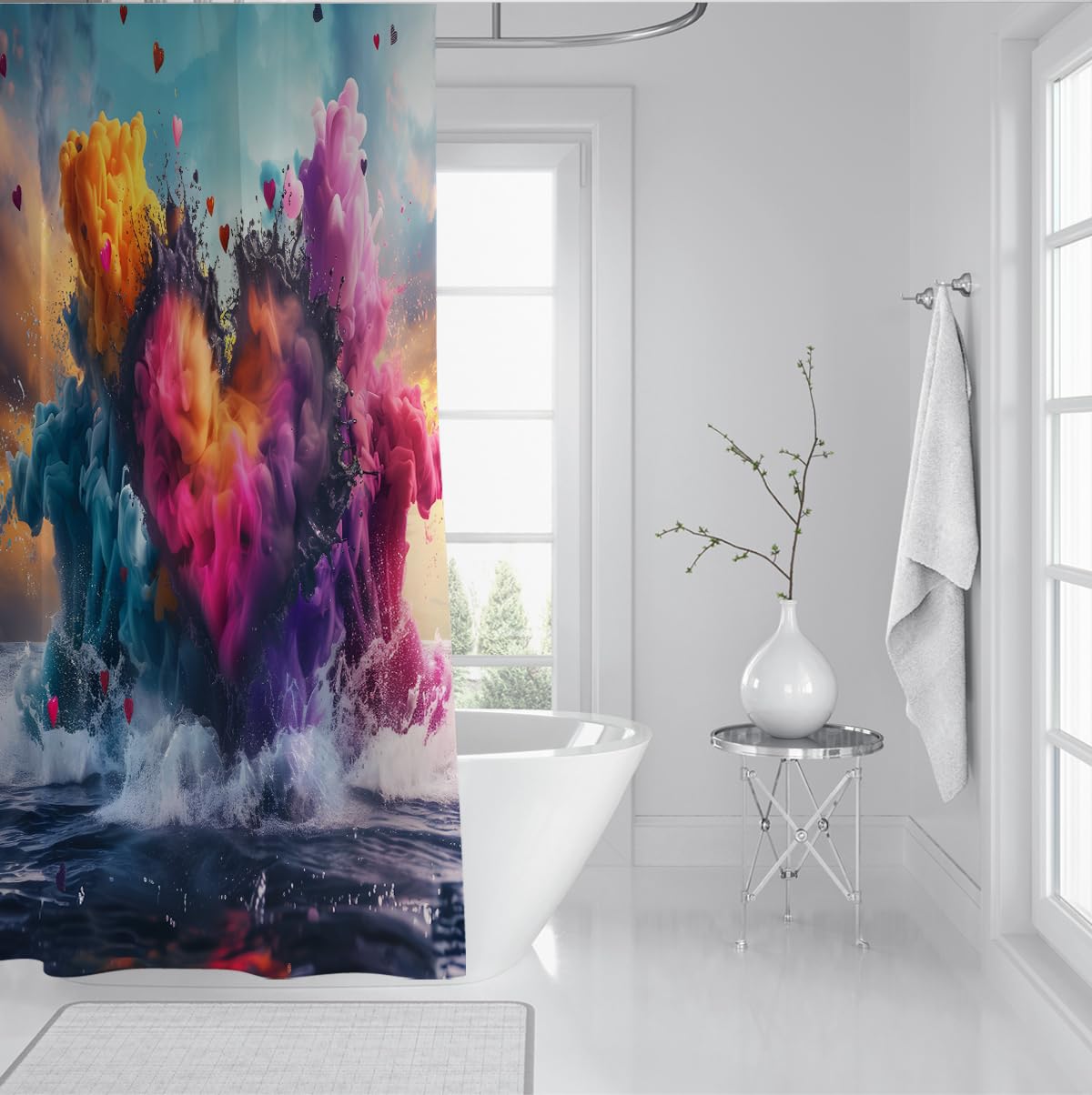 Farbenfrohe Splash Badezimmerdekoration Aquarell Love Explosion Duschvorhang Wasserdichter Stoff-Badevorhang Schnell trocknendes Polyester mit Haken 200 x 200 cm