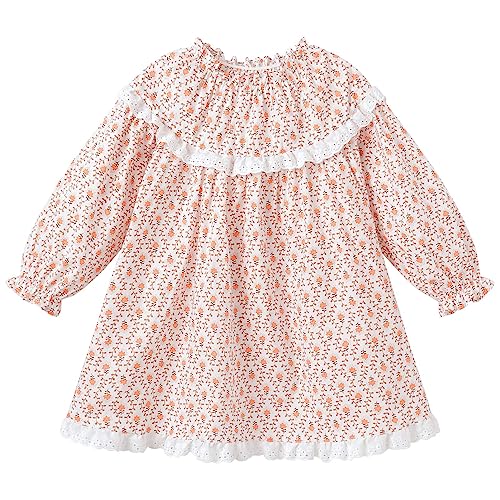 pureborn Toddler Girls Dress Long Sleeve Cotton Playwear Dress Orange Floral Print 4-5 Years