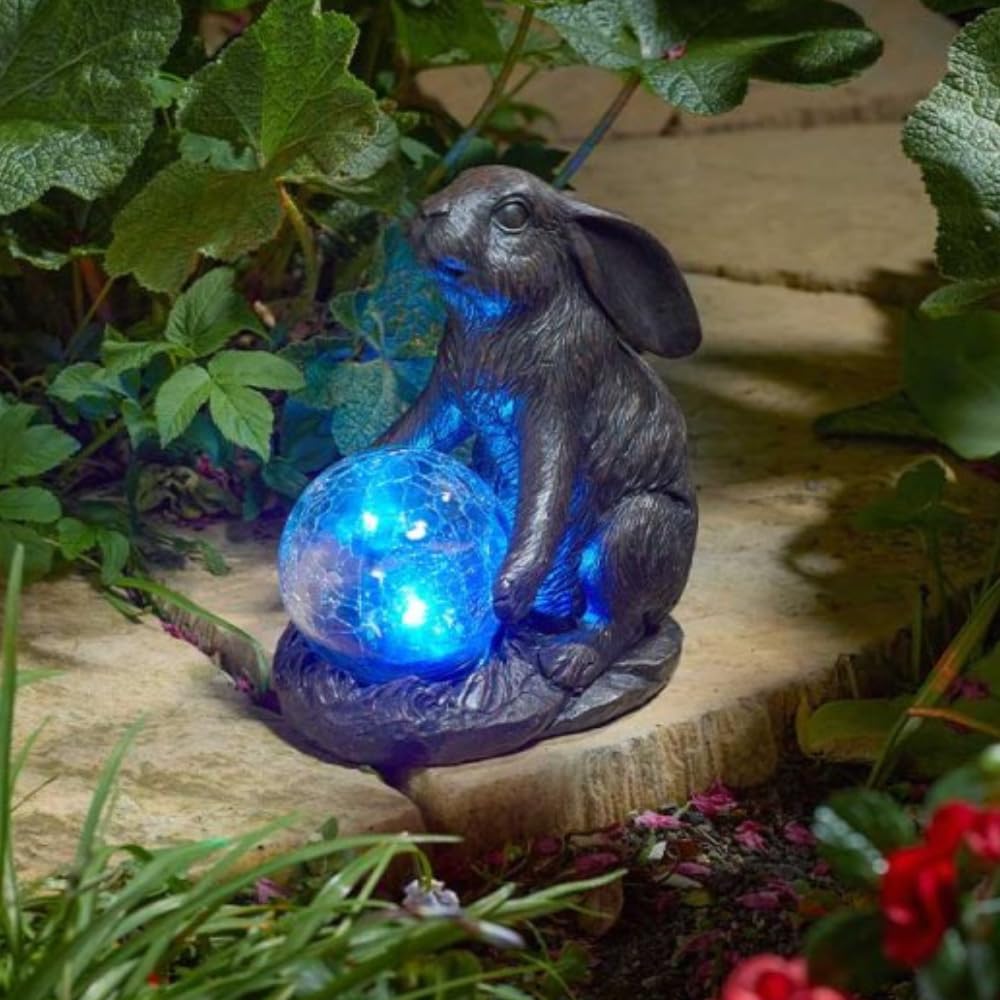 Garden Mile Stone Effect Solar Rabbit Light Statue, Outdoor Led Garden And Patio Ornament With Multicoloured Lights, Hare Solar Powered Animal Garden Lights, Decorative Ornaments
