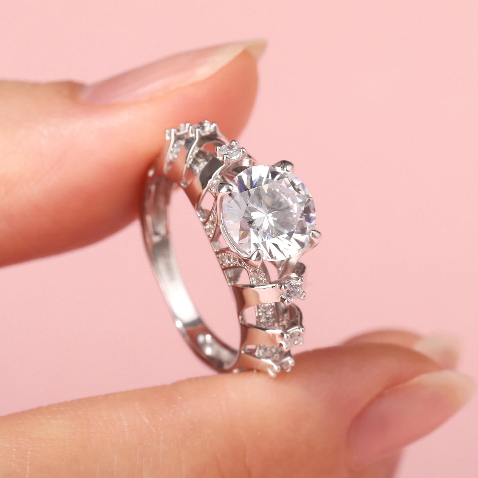 Jeulia Damen Ring aus Sterlingsilber einzigartiger runder Schliff Jubiläums Versprechensbandringe mit seitlichen Steinen für Verlobung Jahrestag Weihnachten
