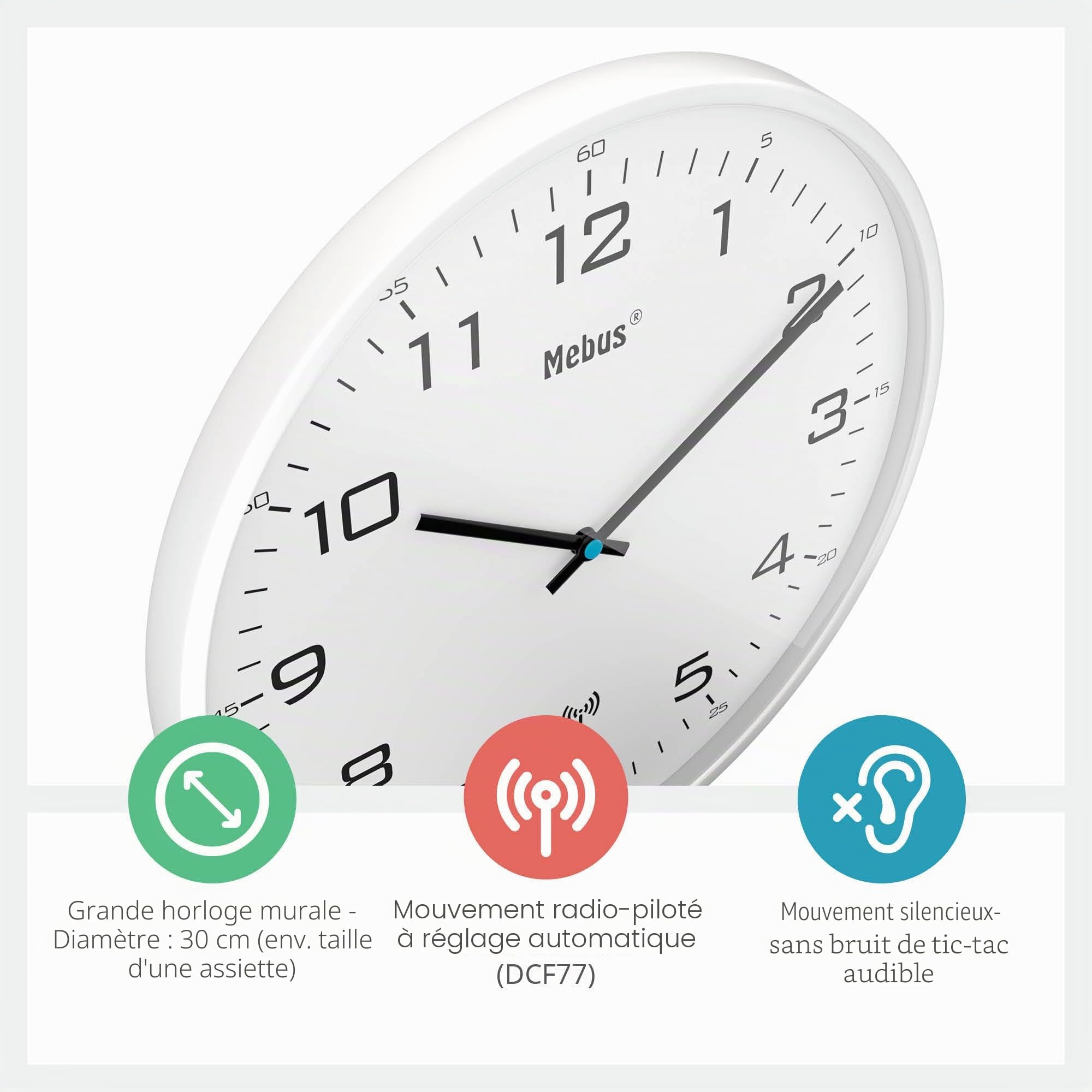 Mebus Horloge Murale Radio-pilotée Silencieuse 30 cm Cadre Blanc Cadran Blanc