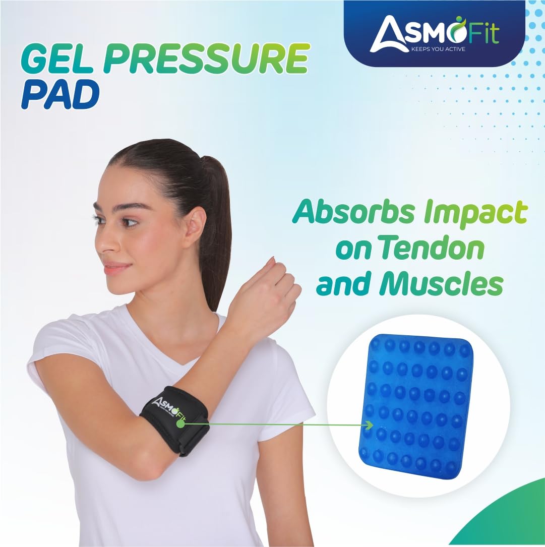 Asmofit Tennis Elbow Support for Gym with Adjustable Strap | Elbow band for pain relief in Bursitis, Tendonitis Support | Ideal for Men & Women, Weightlifting, Volleyball & Cricket - Black (Size: Universal) - Image 4 thumbnail