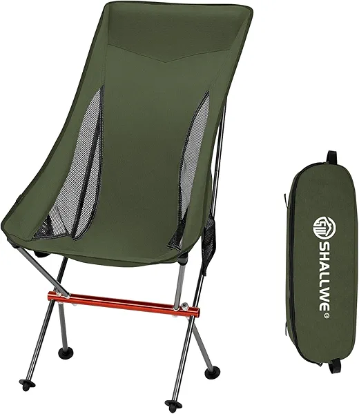 SHALLWE Camping Chairs, All Aluminum Frame Portable Folding Camp Chair for Adults, Heavy Duty High Back Collapsible with Built-in Pillow, Side Pocket, Carry Bag for Backpacking, Hiking, Beach