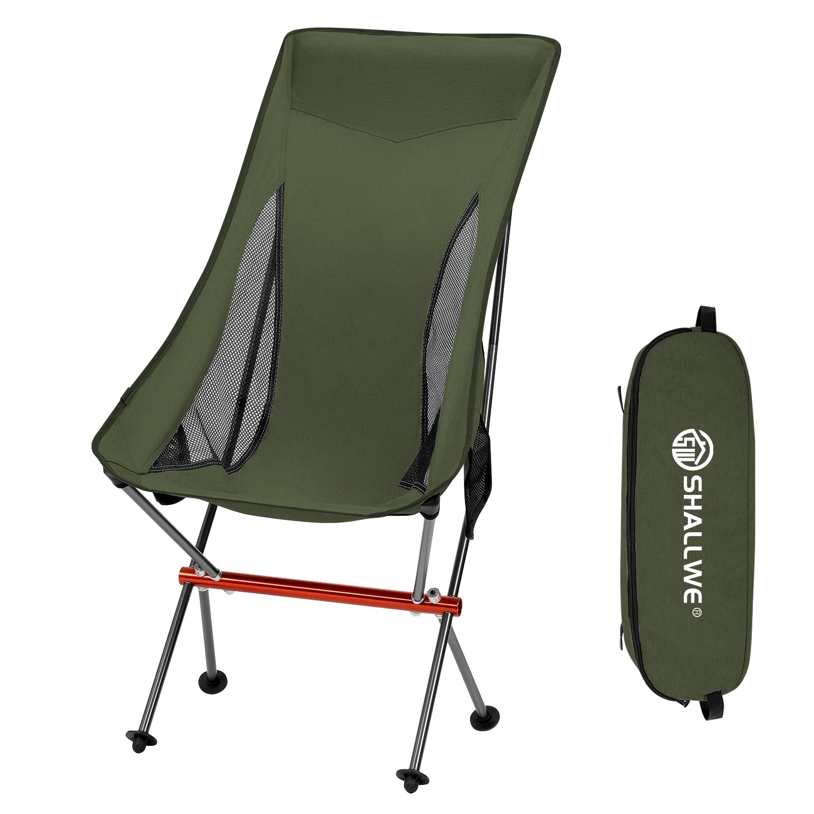SHALLWE Camping Chairs, All Aluminum Frame Portable Folding Camp Chair for Adults, Heavy Duty High Back Collapsible with Built-in Pillow, Side Pocket,