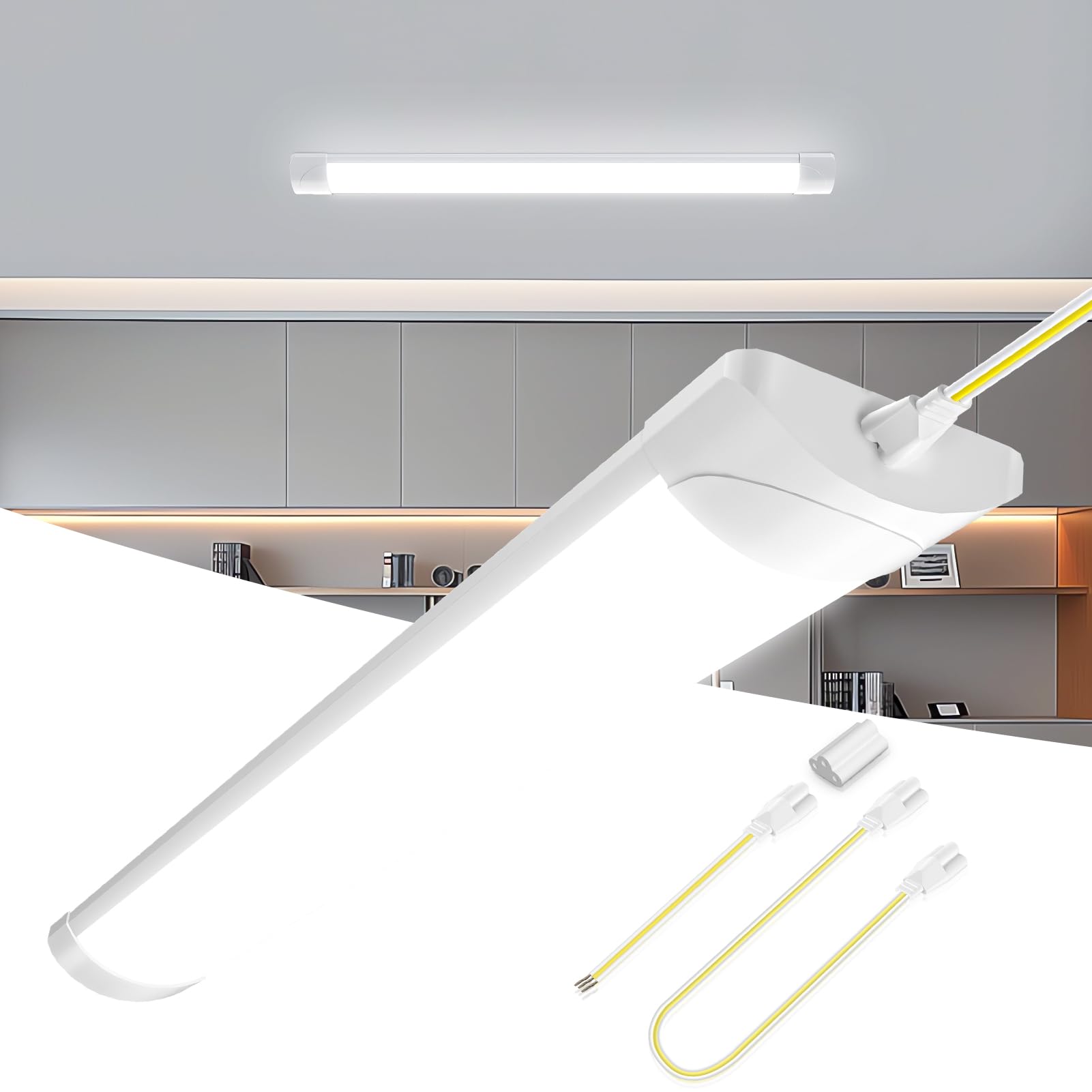 papasbox Linkable LED Batten Light,6500K Daylight LED Fluorescent Strip Fitting for Garage,Workshop,Office,Wall,Kitchen,Shed,IP65 Waterproof Plug in Ceiling Light Strip,3FT,90cm,30W