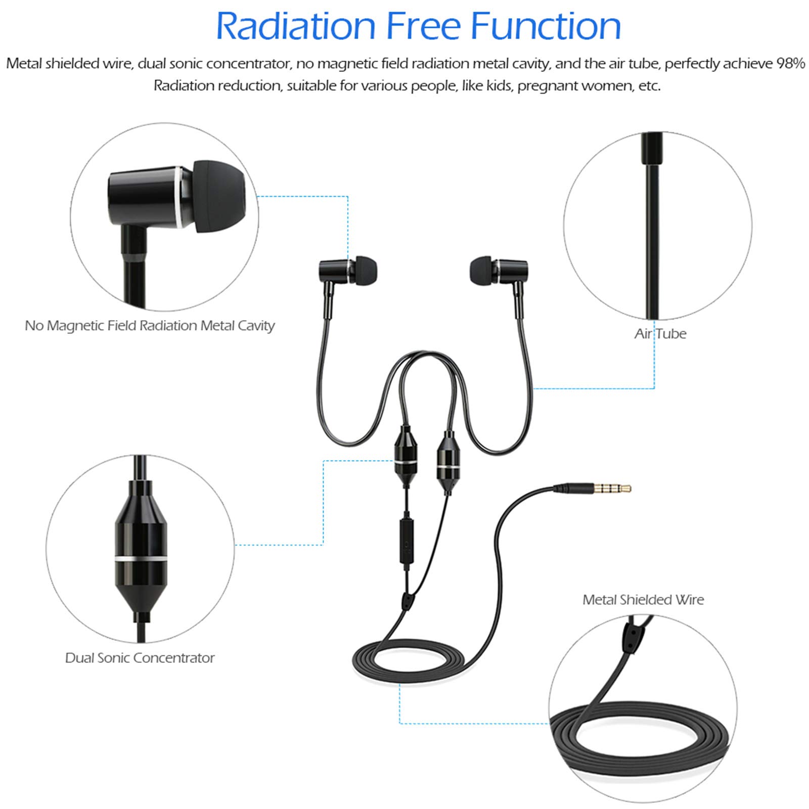 Kavolet FC12 Cuffia Musicale Stereo Tubo 'aria Auricolare Anti-radiazioni Riduzione del Rumore Controllo della con Microfono per Smartphone Desktop Notebook Tablet PC con Tubo d'Aria 3.5mm