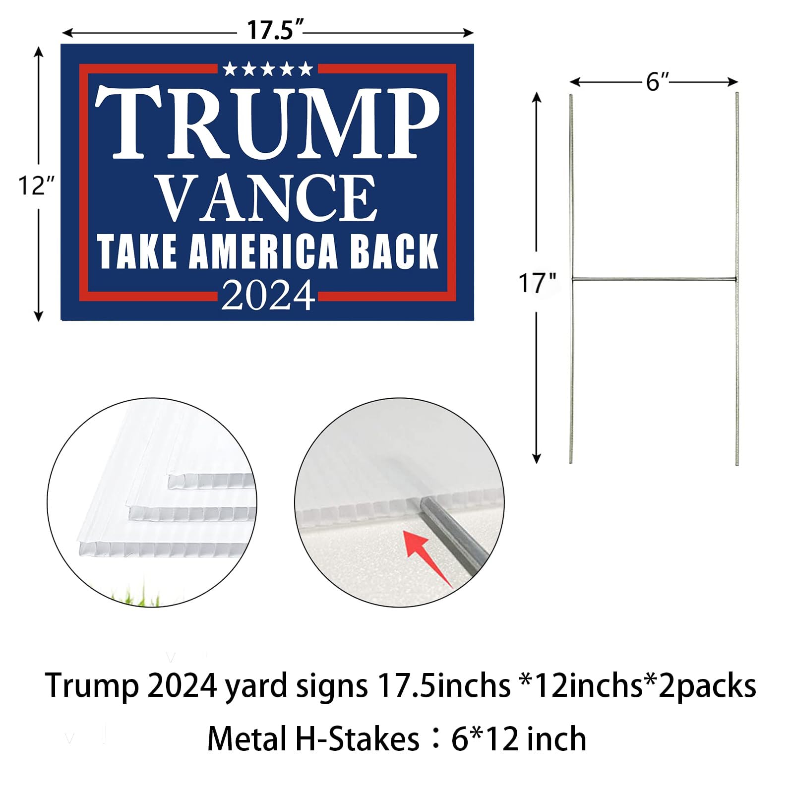 Uflashmi Cartello Trump Vance 2024 Per Giardino Con Palaio In Metallo - 30,5x45,7 Cm - Plastica Ondulata Resistente - Doppia Faccia
