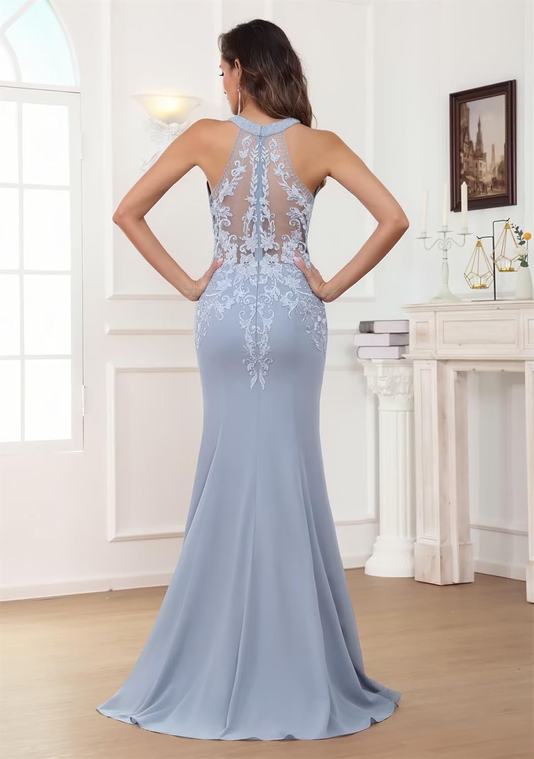 Mermaid Chiffon Mother of The Bride Dresses Long Lace Appliques Halter Formal Dress with Cape - Image 2