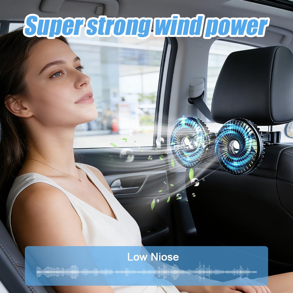 Mineup Ventilatore Per Auto Doppia Testa, Ventilatore USB Per Auto Per Sedile Posteriore, Ventilator 360° Ruotabile Portatile, 3 Velocità, Controllo Separato, Ricaricabile, Per Camion Furgone SUV RV