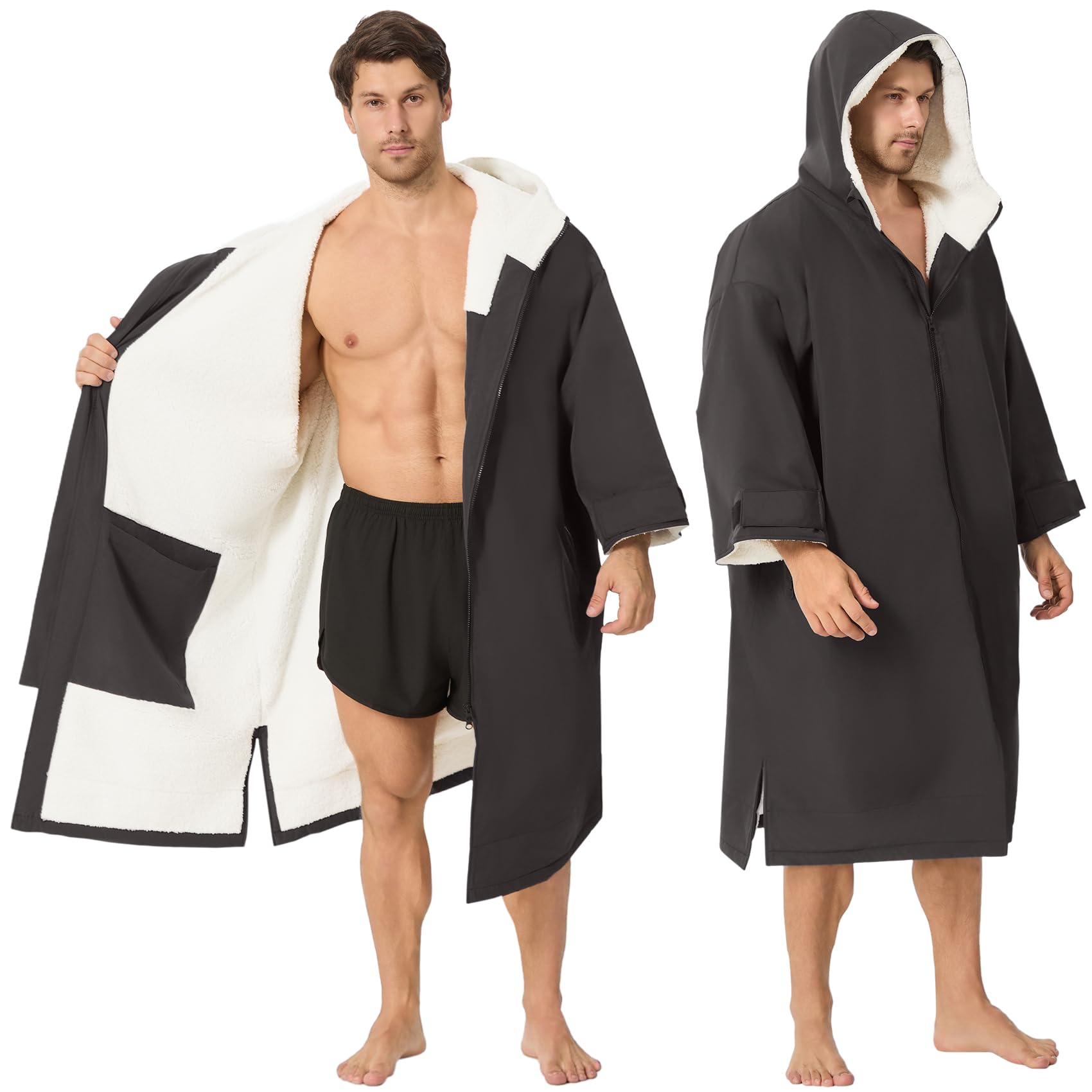 Swim Parka Women Men Windproof Sherpa-Lined Unisex Dry Coat for Adult Robe | Waterproof Fleece Lined Swimmer Changing Robe,Oversized Swimming Warm Jacket,Fits Heights 5'-6'5'',Quick-dry,Zip Pockets