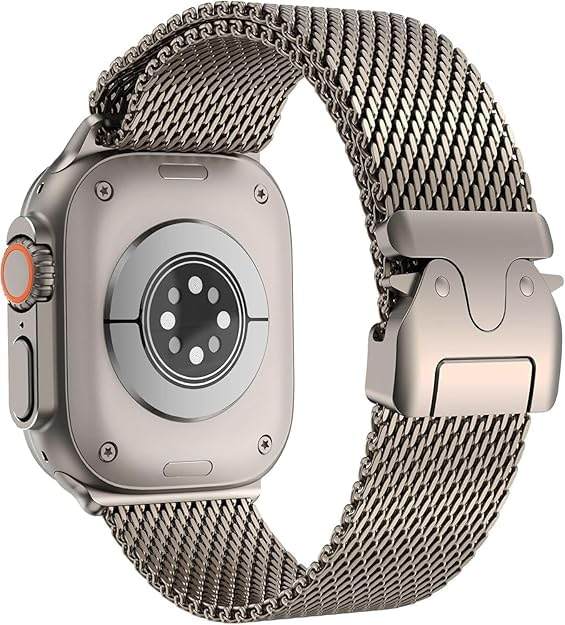 Image of GETSABLE Stainless Steel Mesh Loop Strap with Parachute-Style Buckle Compatible with iwatch Ultra 3 /2 /1 Band 49mm, Series 11 /10 46mm, 9 /8 /7 45mm, SE2 /SE /6 /5 /4 44mm (Natural Titanium)
