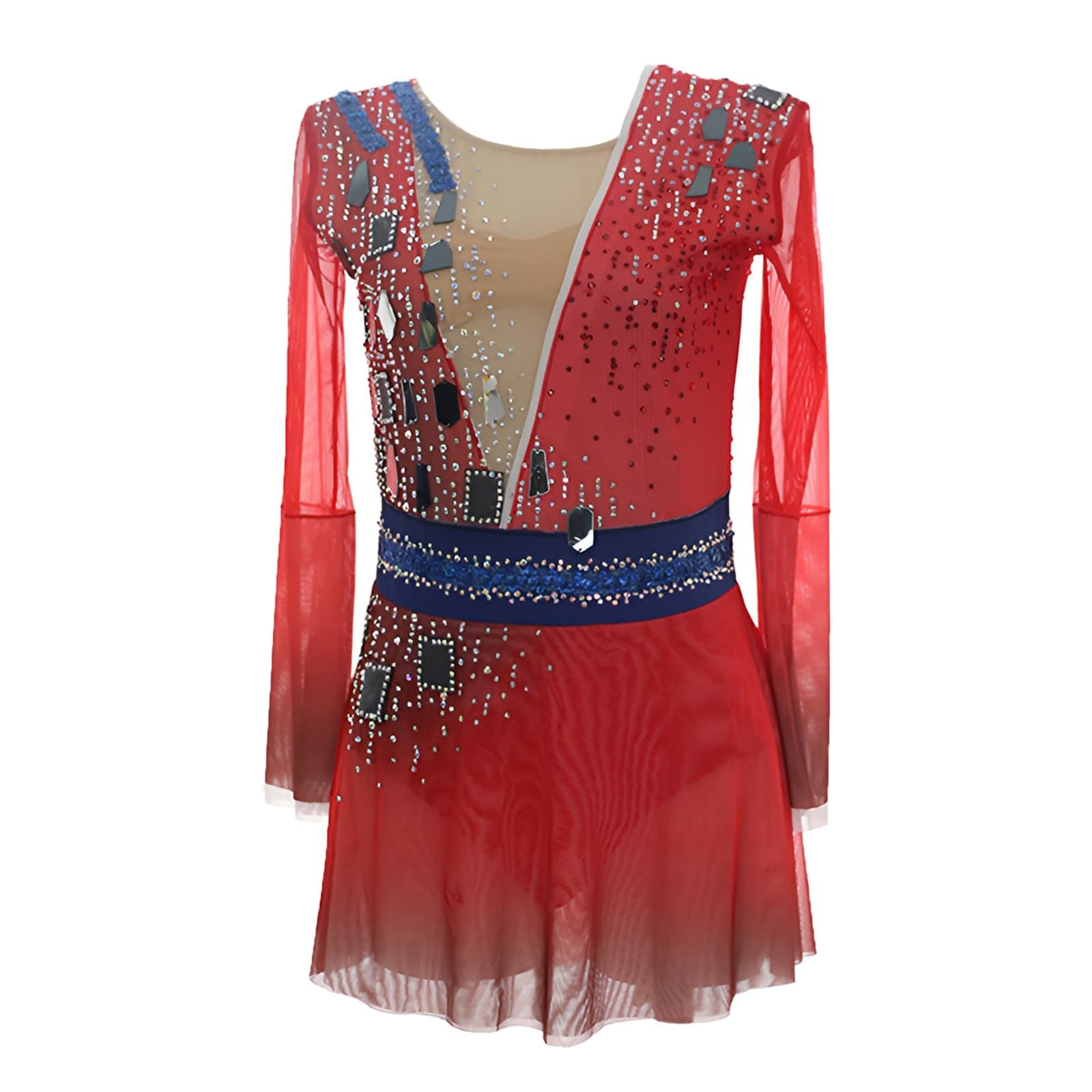 Girl's Handmade Figure Skating Dress with Sequins, Women's Long Sleeves Competition Ice Skating Dress(Medium) Red