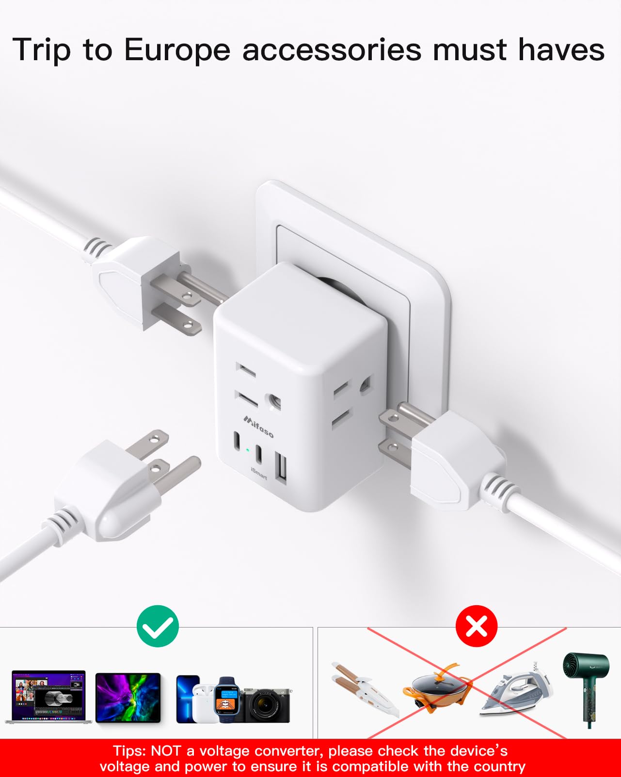 2 Pack European Travel Plug Adapter Mifaso International Power Plug Adapter with 3 Outlets 3 USB Charging Ports — view 5