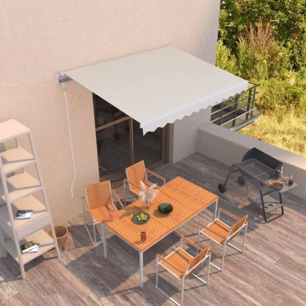 Toldo con brazo articulado, 350 x 250 cm, toldo manual retráctil con manivela, dispensador de sombra para terrazas y balcones, marco de aluminio blanco, tejido de poliéster crema