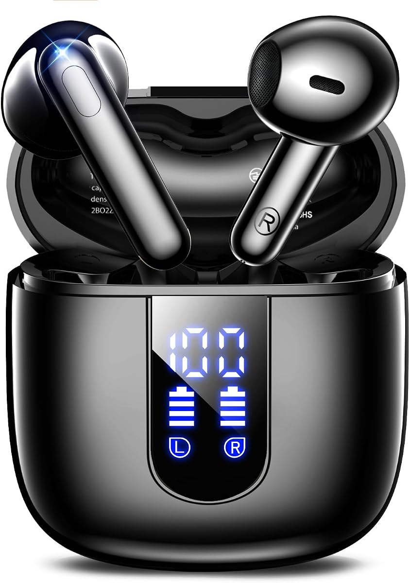Auriculares Inalámbricos, Auriculares Bluetooth5.4 con Estéreo de Graves Profundos, Auriculares de Reproducción 48H con Pantalla de Alimentación LED, Ligeros, IPX7, Auriculares Internos con Micrófono para iPhone/Android, Pad