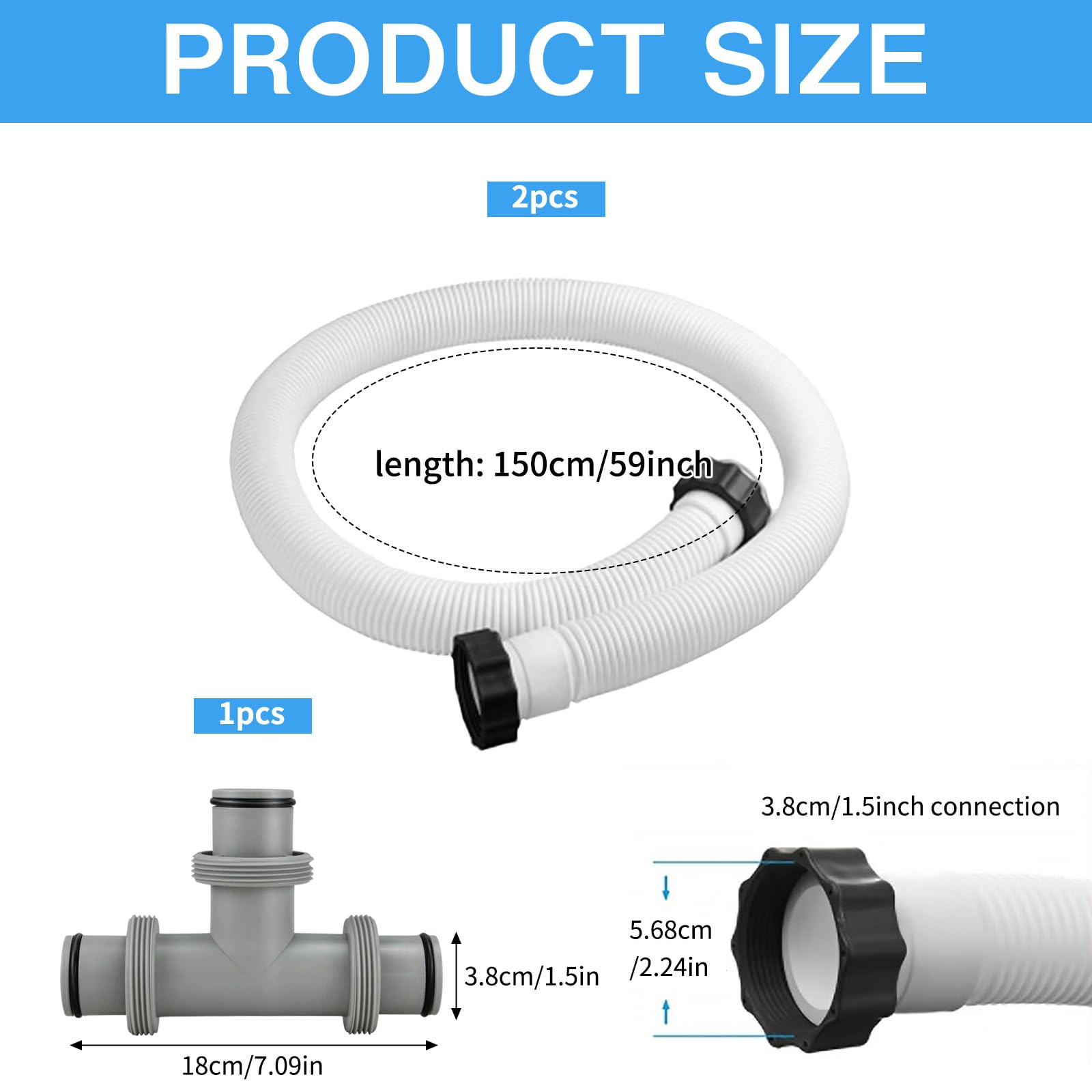 Poolschlauch 38mm,2 Stück Schlauch für Poolpumpe 150cm,Schwimmbadschlauch,Poolpumpenschlauch,Schwimmbad-Ersatzschlauch,mit 3 Wege Schlauchverbinder,für Filterpumpe und Schwimmbad