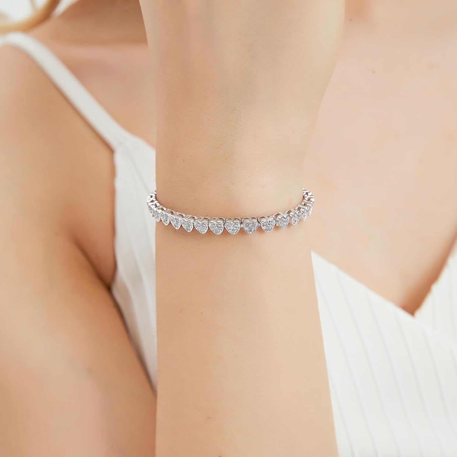 JSGEMSLEE 14K Gold Rose Gold White Gold Plated Cubic Zirconia Tennis Bracelet for Women Heart Shape CZ Adjustable Tennis Bracelet Fashion Jewelry Gifts for Women Girls - Image 2