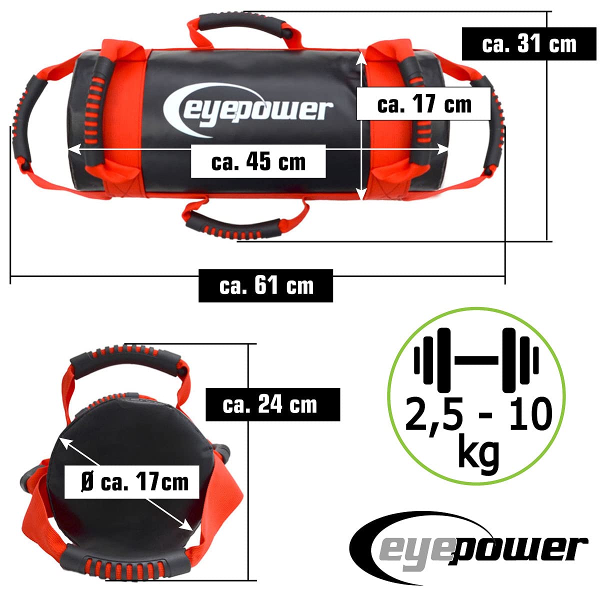 EYEPOWER 2,5-10kg Power Bag de Musculation 17x45cm Sac de Sable Sandbag Rouge
