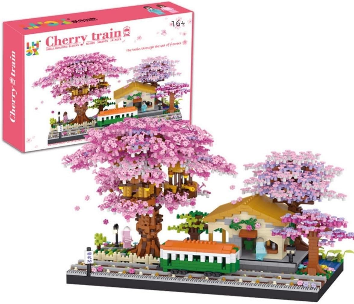 Mini Japanese Cherry Blossom Train Station Building Blocks Set, 3668Pcs Sakura Tree House Collection Building Set for Adults, DIY Mini Particle Construction Toy, Home Decor, NOT Compatible with Lego