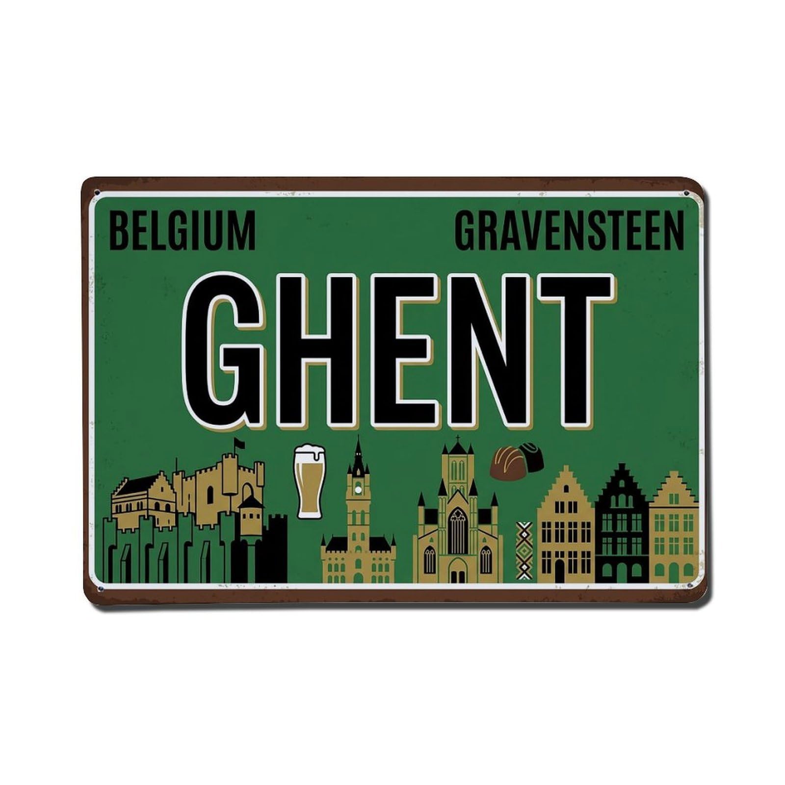 Cwbufd 8X12inch(20X30cm) Vintage Travel Ghent Castle Belfry Beer Metal Tin Sign Plaque Wall Decor For Cafe, Club Bar, Office, Garden Metal Poster 8X12inch