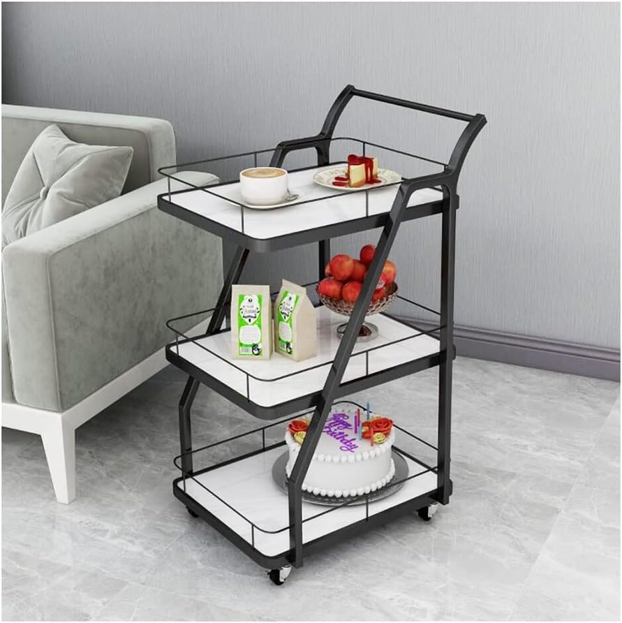 Image of Crown Art SHOPPEEThree-Tier a transportable Kitchen Storage cart and a Serving Trolley for Gatherings, add Tea, Coffee, Whiskey Sampling, and Even a Few Magazines and Novels (White Black)