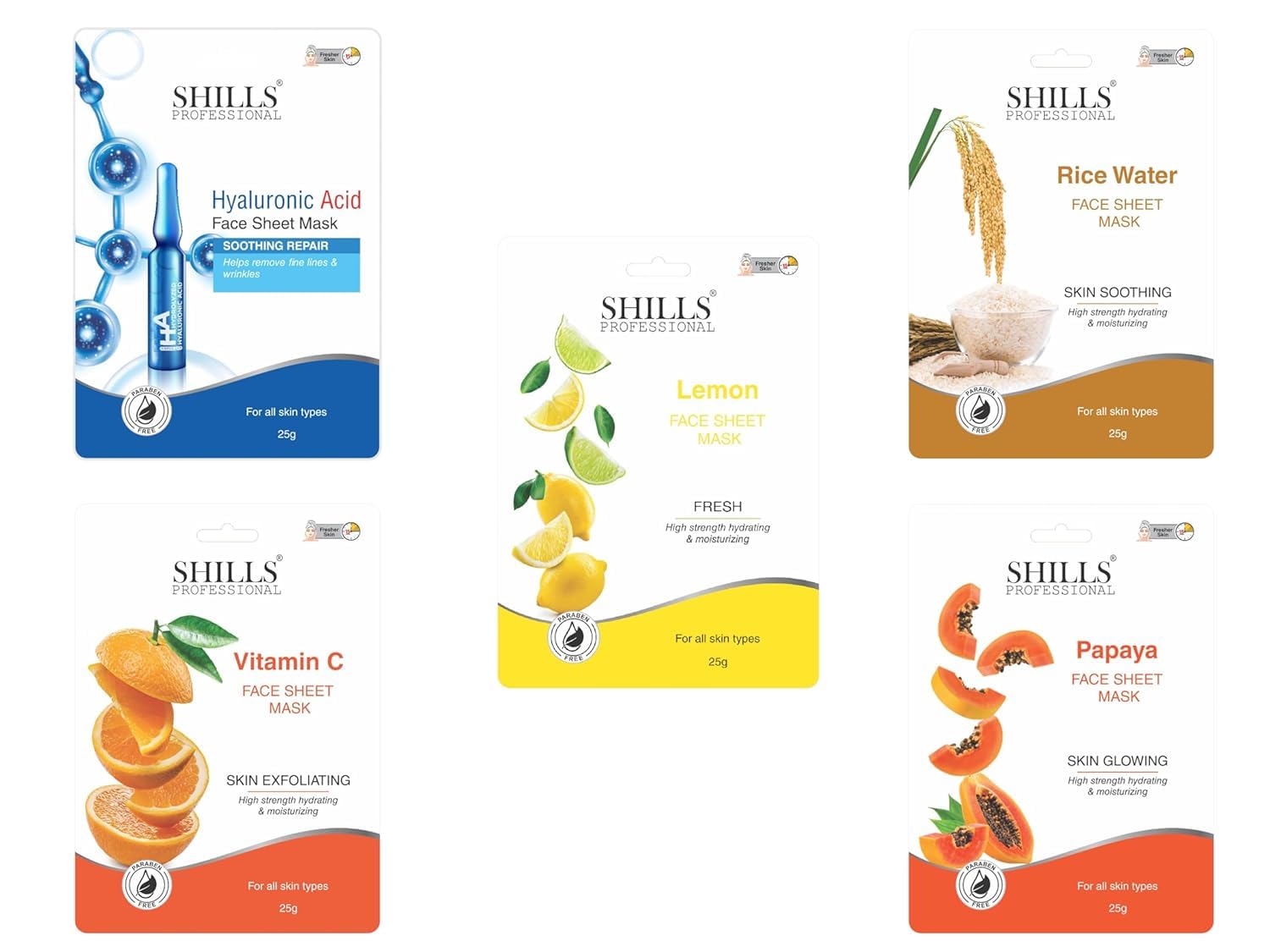 PRATHNA CREATION Face Sheet Mask Set | Variants - Hyaluronic Acid, Rice Water, Lemon, Vitamin C, Papaya | For All Skin Types | Mask Sheet (25 gm each)