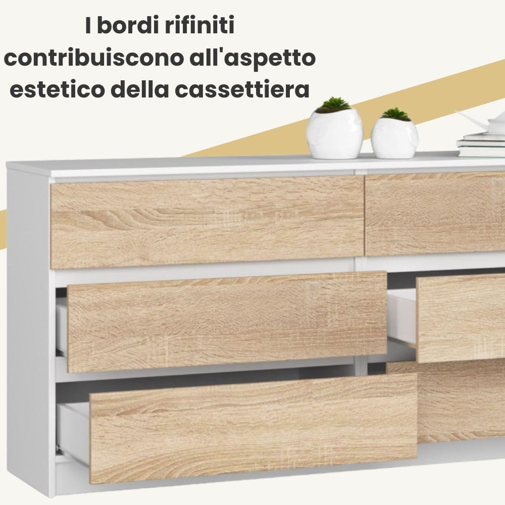 AKORD Cassettiera K 160 cm | 6 Cassetti (2 x 3) | Moderna Mobiletto per il soggiorno Camera da letto Armadio Soggiorno Bagno | Salvaspazio | 160 x 77 x 40 cm | Peso 70 kg |Bianco/Rovere Sonoma
