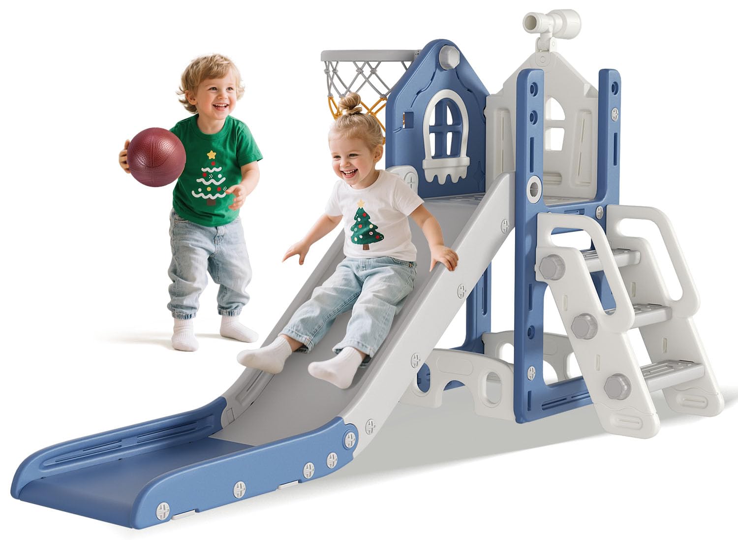 BIERUM 6-in-1 L-shaped toddler slide blue indoor climbing toy