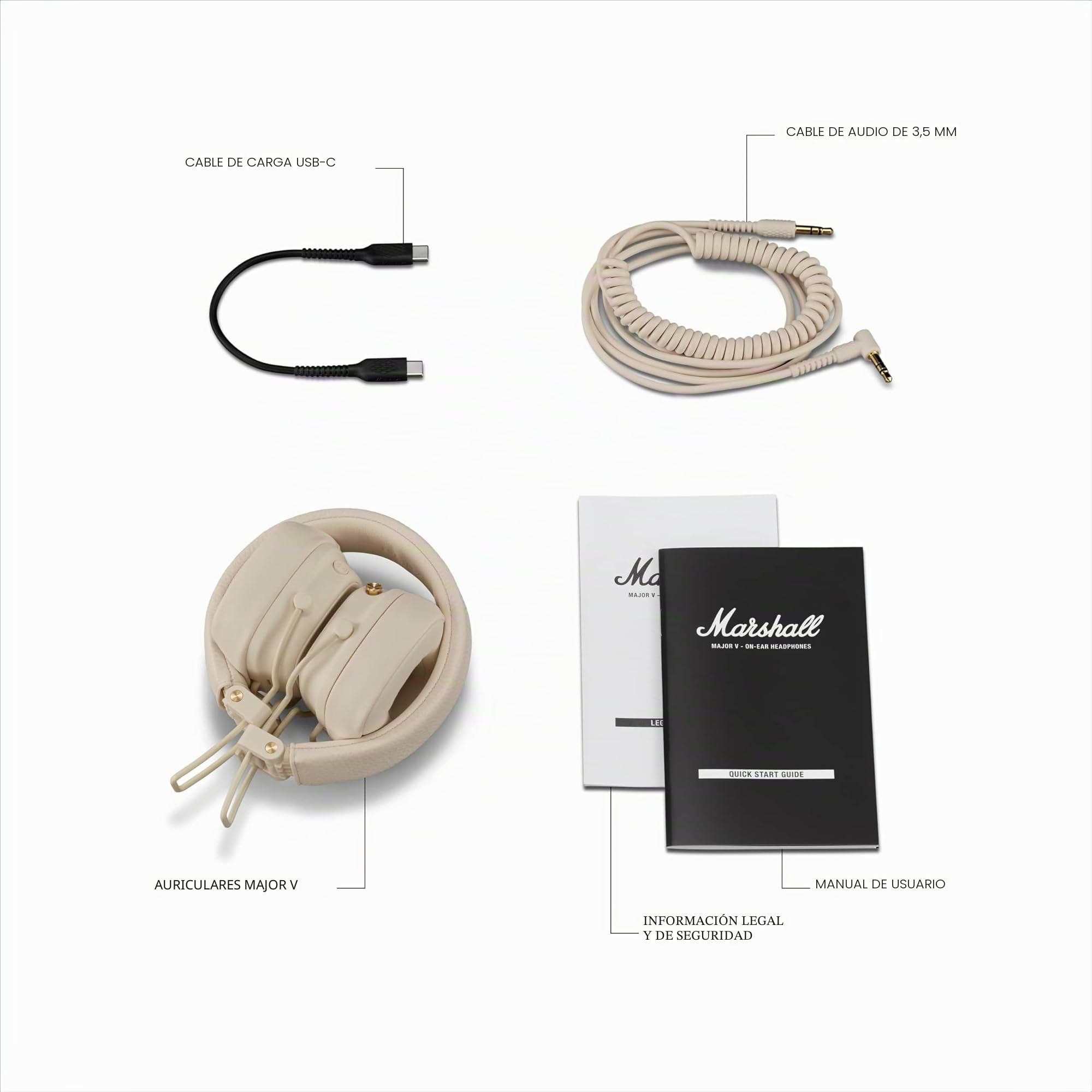 Marshall Major V Auriculares Inalámbricos Bluetooth, 100 Horas de Reproducción - Crema