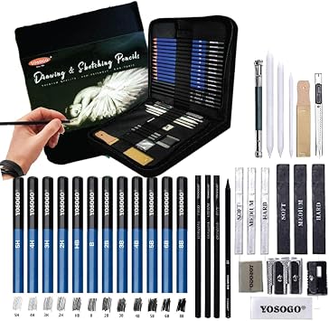Yosogo 33-Piece Drawing & Sketching Set   Artist Kit with Graphite Pencils, Charcoal Sticks, Eraser & Sharpener for Beginners and Professionals