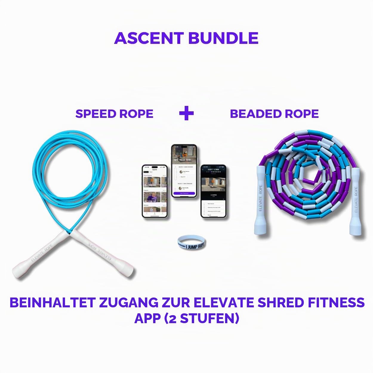 Elevate Rope - Springseil Bundle mit Workout App - 2 x verstellbares Jump Rope - Erwachsene und Kinder - Speed + Perlenseil - Zustand & Tricks - Innen/Außen - Springseil Set
