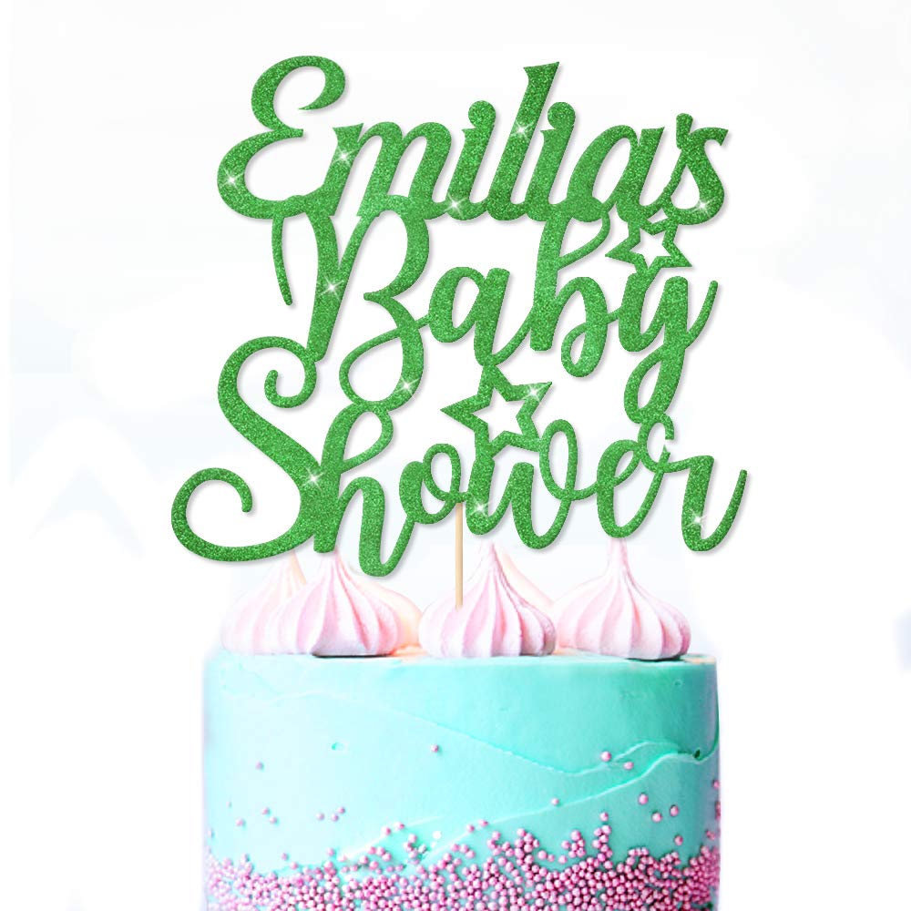 Baby Shower Cake Topper Name Personalised Hello Baby New Party Boy Girl Welcome Home Glitter Cake Topper | Double Sided Glitter Card Hand Finished in UK(Green)