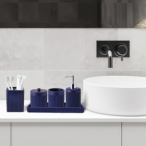Miniatura 8 de Juego de 5 accesorios de baño de resina azul marino, dispensador de jabón de loción, soporte para cepillo de dientes, vaso de baño, soporte para
