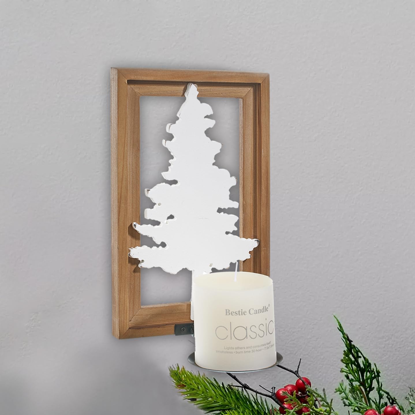 Christmas Wall Sconce Candle Holder, Candle Wall Sconces Wall Mounted White Christmas Tree, Candle Holder for Wall, Living Dining Room Bathroom, Rustic Brown Framed Christmas Tree Wall Art