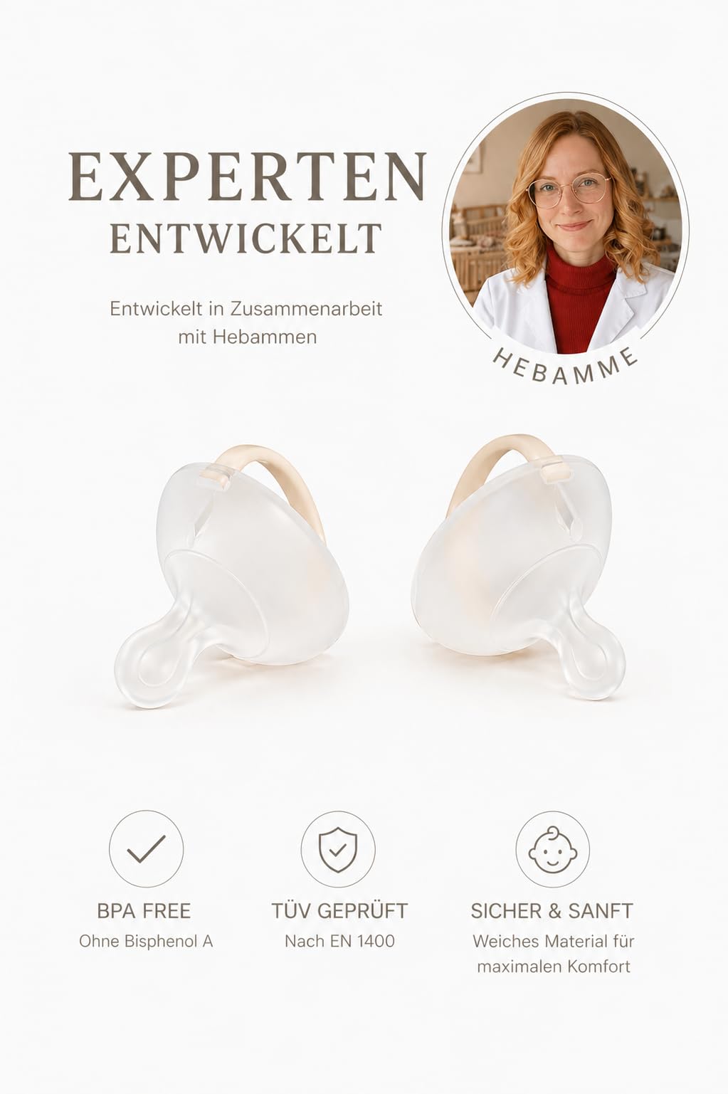 Nuckly NatureSense smoczek przypominający pierś, 1-24 miesięcy, nie zawiera BPA, silikon spożywczy, beżowy, 2 sztuki