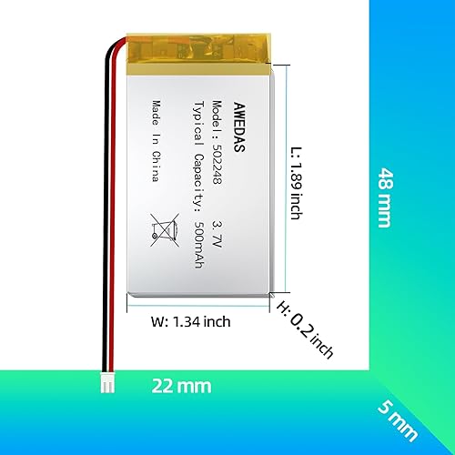 Miniatura 2 de 502248 Batería 3.7 V 500 mAh 502248 Lipo Batería Compatible para Múltiples Dispositivos 502248 Baterías de Repuesto con PH 2.54 y PH 2.0 JST