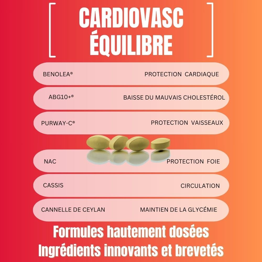 EVOM CardioVasc Équilibre - Complément alimentaire coeur, cholestérol et tension - Ail Noir ABG10+®, Olivier BENOLEA®, Vitamine C liposomale, Cannelle, Cassis, NAC - 80 comprimés - Complément Hommes