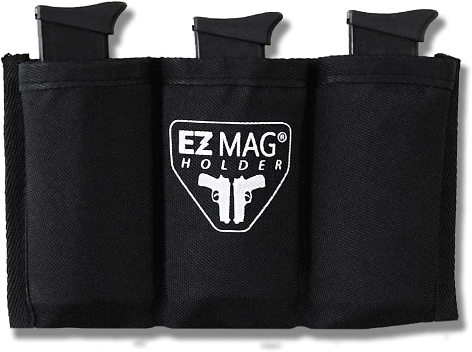 EZ Magazine Holder, Adhesive Magazine Pouch Organizer for Gun Safe, Car, Desk, Door - Pistol Clip Protection with Nylon Interior, Ammunition Single/Double Stack 9mm 10mm .40 .45