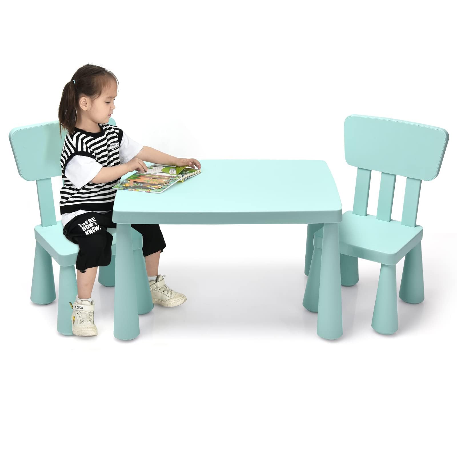 RELAX4LIFE Tavolino per Bambini con 2 Sedie in PP Atossico, Montaggio senza Attrezzo, Portata di 50 KG, Tavolo: 54,5x76,5x49,5cm, Sedie con Schienale: 36x35x66,5cm (VERDE)