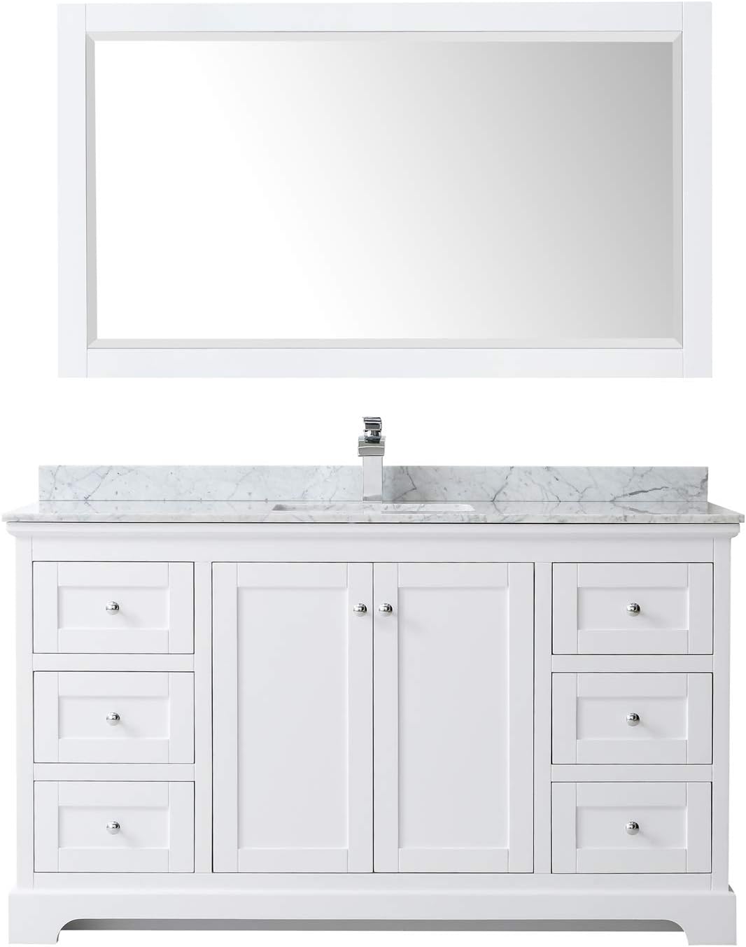 Wyndham Collection Avery 60 Inch Single Bathroom Vanity in White, White Carrara Marble Countertop, Undermount Square Sink, and 58 Inch Mirror