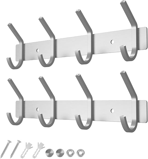 Dripex Coat Hook Rack Wall Mounted 304 Stainless Steel Hanger Heavy Duty Clothes Hat Holder (4 Hooks - 2 Pack)
