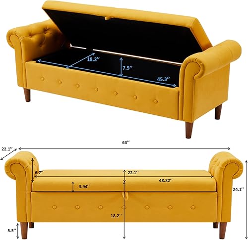 Miniatura 33 de Aoowow Banco de almacenamiento de 63 pulgadas para dormitorio, extremo de la cama, sofá otomano enrollado de tela de terciopelo armado, banco largo
