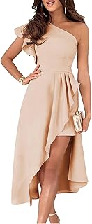 Womens One Shoulder Sleeveless Ruffle Empire Waist Asymmetrical High-Low Bodycon Formal Wedding Guest Midi Dresses - Buy now