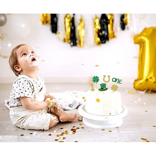 24 Pcs Glitter 1St Birthday Cupcake Toppers Baby Shower For St Patrick’s Day Party Decorations, Four Leaf Clover One Cupcake Toppers For First Birthday Party Decorations #TOP2