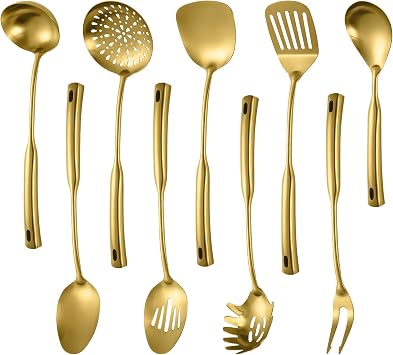Izurok Kitchen Utensil Set, 9-Piece Cooking Utensil Set,Include 304 Stainless Steel Spatula Skimmer, Soup Ladle, Spaghetti Server,Slotted & Solid Spoon, Slotted Spatula Turner, Meat ForkGold