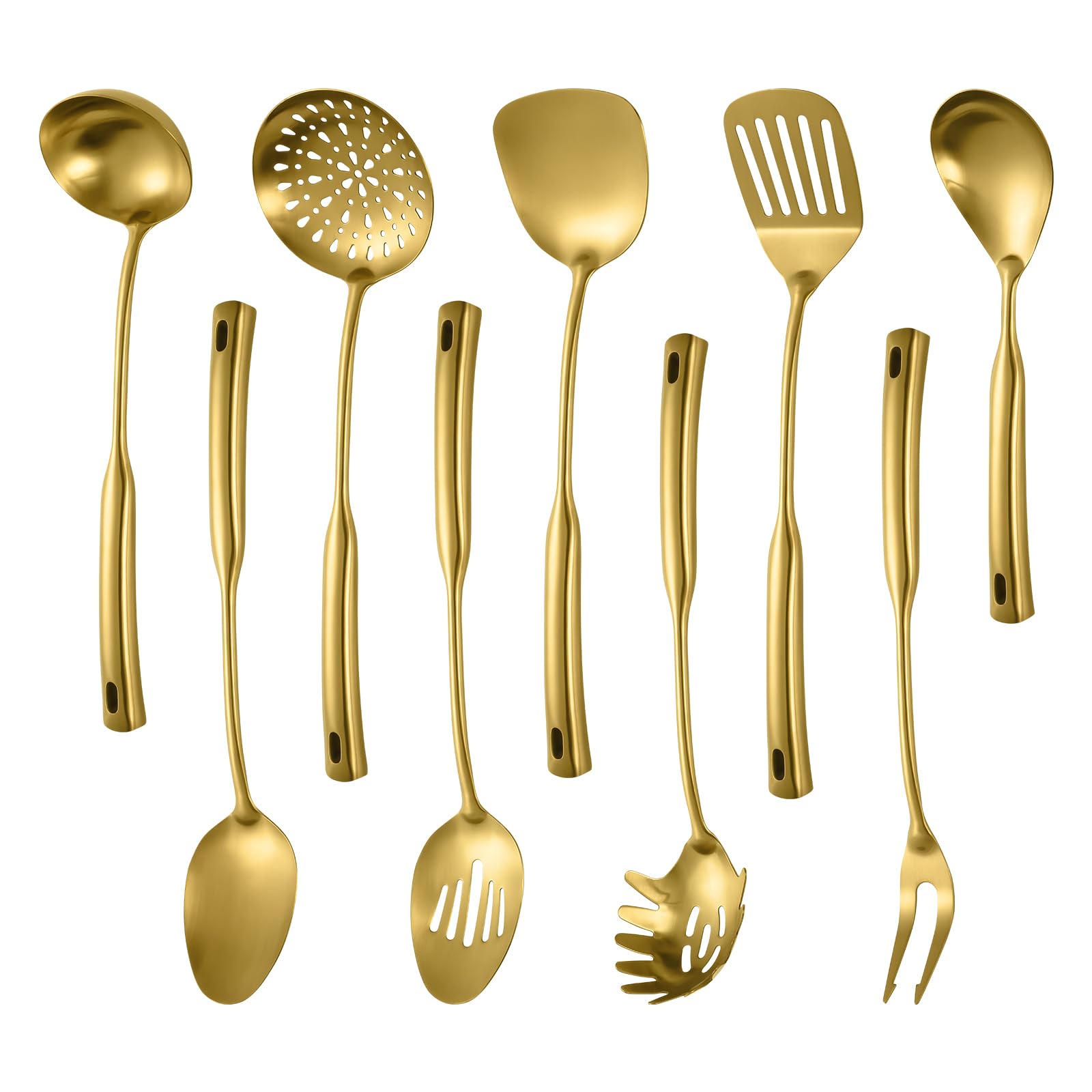 Set di utensili da cucina in acciaio inox 304, 9 pezzi, schiumarola, mestolo da zuppa, paletta per spaghetti, spatola wok, cucchiaio scanalato e solido, spatola scanalata, forchetta per carne e